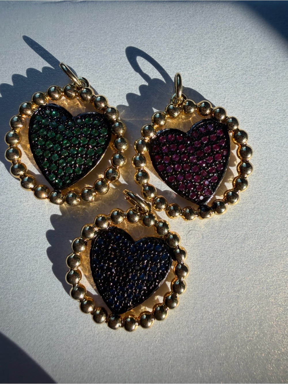 Gold Heart Pendant Charm with Colored Crystal Pave - Green, Purple, Blue